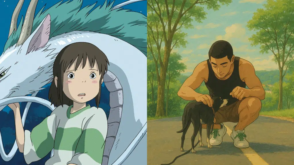 Se hvordan du tar bilder i stil med Studio Ghibli med chatgpt Bilde fra Spirited Away, til venstre, og bilder i en park med en hund, til høyre, chatgpt lar deg ta bilder i stil med Studio Ghibli
