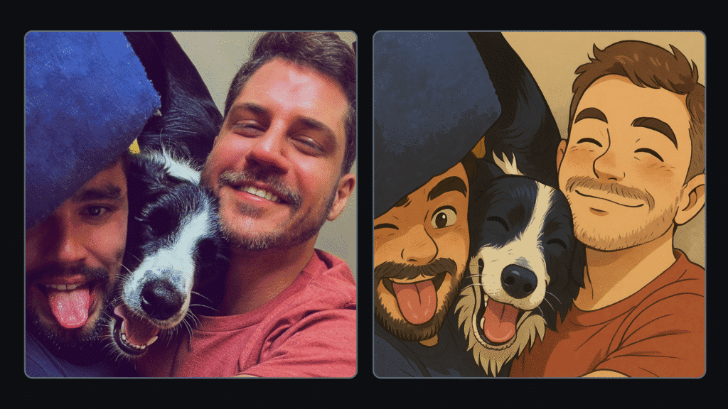Veja como fazer fotos no estilo do studio ghibli com o chatgpt Dois homens e um cachorro, a esquerda, a direita mesma foto transformada em estilo de anime
