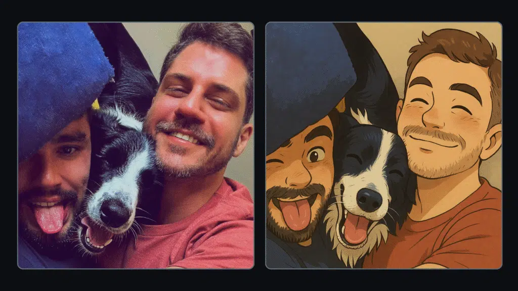 Entenda como o chatgpt faz imagens no estilo do studio ghibli Dois homens e um cachorro, a esquerda, a direita mesma foto transformada em estilo de anime