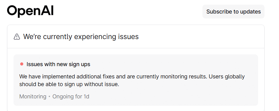 Página de erro de criação de novas contas do chatgpt