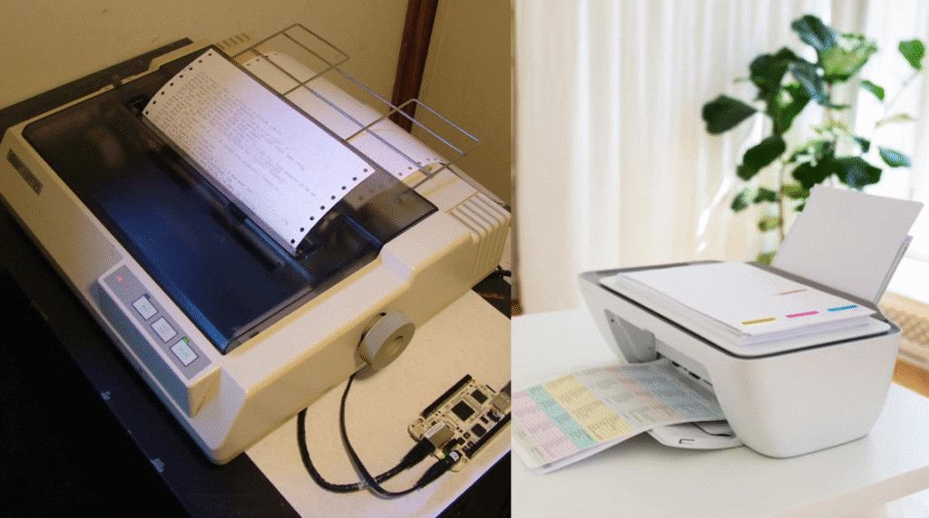 اكتشف 30 تقنيات قديمة وبدائلها الحالية على اليسار، طابعة نقطية وعلى اليمين، طابعة نافثة للحبر جاءت لتحل محلها / الصورة: showmetech