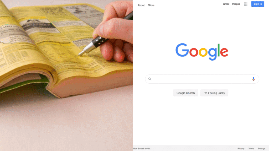 اكتشف 30 تقنيات قديمة وبدائلها الحالية على اليسار، دليل الهاتف وعلى اليمين، جوجل الذي جاء ليحل محله / الصورة: showmetech