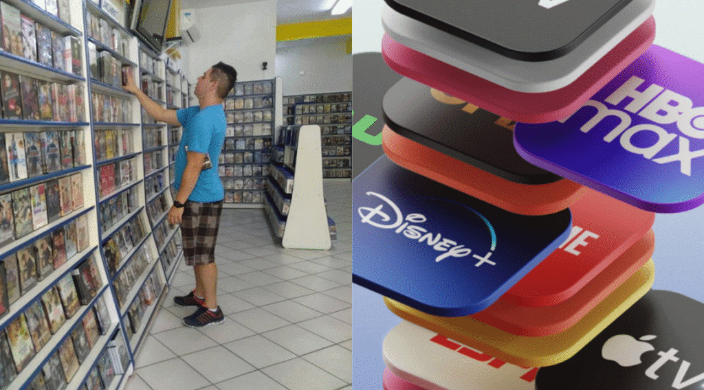 اكتشف 30 تقنيات قديمة وبدائلها الحالية على اليسار، آخر متجر فيديو في جوندياي في عام 2019 وعلى اليمين، العديد من شعارات خدمات البث التي جاءت لتحل محله. / الصورة: showmetech