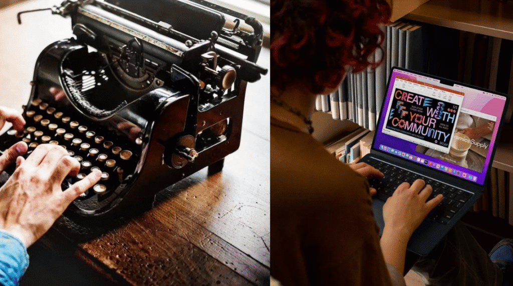 اكتشف 30 تقنيات قديمة وبدائلها الحالية على اليسار آلة كاتبة وعلى اليمين دفتر ملاحظات جاء ليحل محلها / الصورة: showmetech