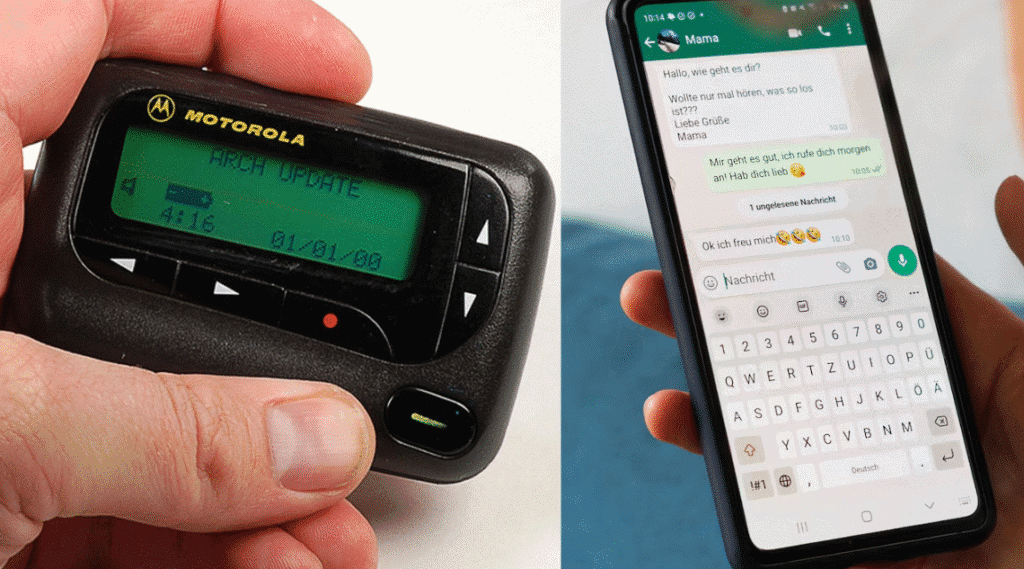 اكتشف 30 تقنيات قديمة وبدائلها الحالية على اليسار، جهاز استدعاء وعلى اليمين، تطبيق واتساب، مثال على تطبيق مراسلة جاء ليحل محله / الصورة: showmetech