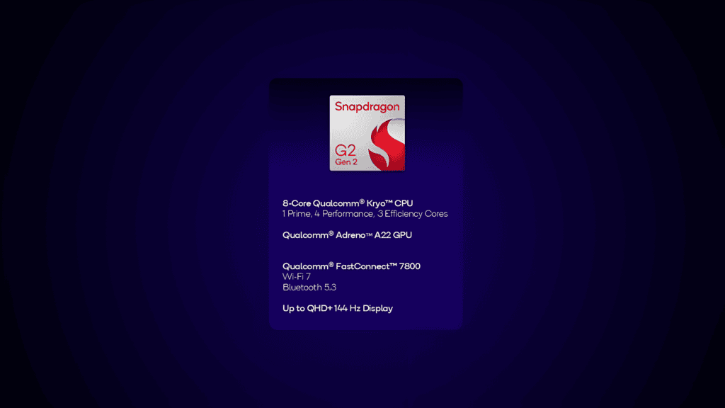 Qualcomm lança novos chips snapdragon g1, g2 e g3 para consoles portáteis Captura de tela com informações do chip snapdragon g2 gen 2 em um fundo azul