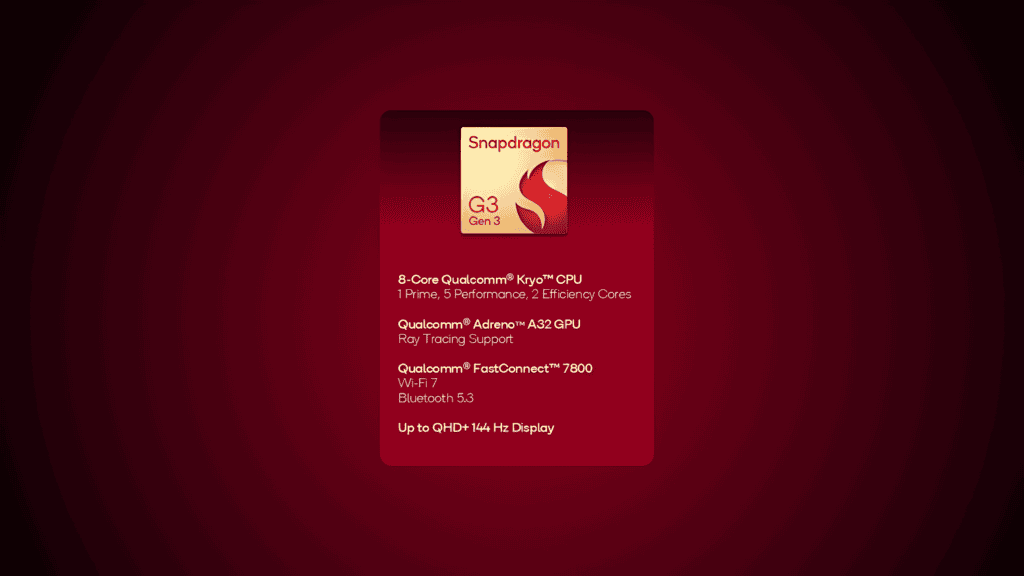 Qualcomm lança novos chips snapdragon g1, g2 e g3 para consoles portáteis Captura de tela com informações do chip snapdragon g3 gen 3 em um fundo vermelho