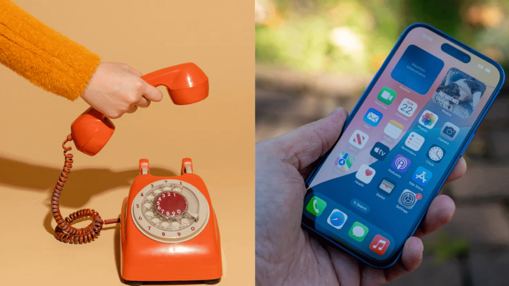 اكتشف 30 تقنيات قديمة وبدائلها الحالية على اليسار، هاتف أرضي وعلى اليمين، هاتف ذكي جاء ليحل محله / الصورة: showmetech