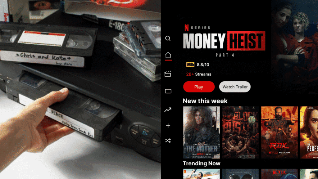 اكتشف 30 تقنيات قديمة وبدائلها الحالية على اليسار، مثال على مسجل فيديو كاسيت (VHS) وعلى اليمين، مثال آخر لخدمة البث التي جاءت لتحل محله / الصورة: showmetech