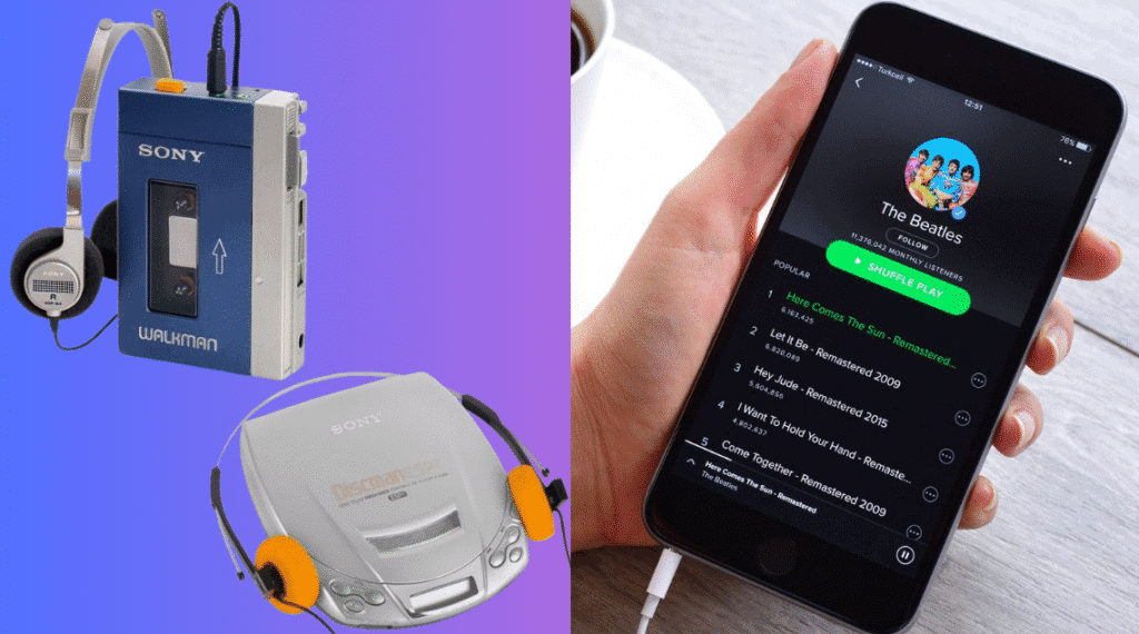 اكتشف 30 تقنيات قديمة وبدائلها الحالية على اليسار، جهاز Walkman وDiscman من شركة Sony وعلى اليمين، مثال على خدمة بث الموسيقى التي حلت محلها / الصورة: showmetech