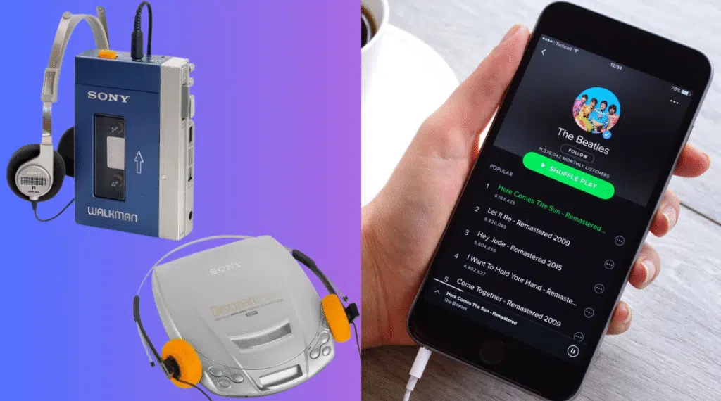 Conheça 30 tecnologias antigas e suas atuais substitutas À esquerda, walkman e discman da sony e à direita, um exemplo de streaming de música que veio para substituí-lo / imagem: showmetech