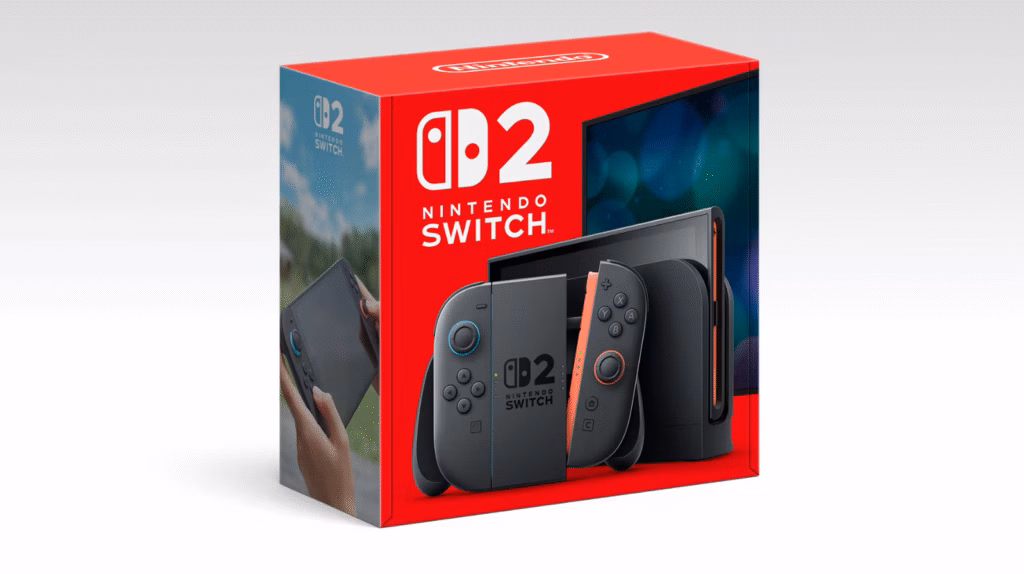 Imagem do nintendo switch 2 com controles e console na embalagem.