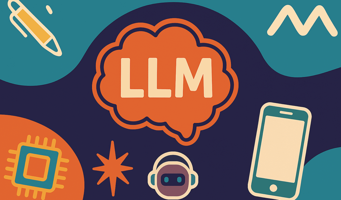 Imagem de uma LLM em um fundo com outros elementos