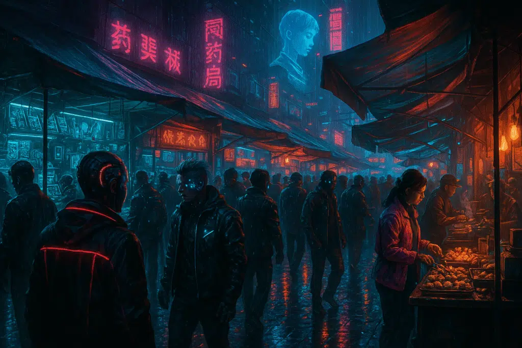 Como editar imagens com o chatgpt (com dicas de prompts) Foto em um mercado de rua no estilo cyberpunk lotado à noite. Pessoas com implantes cibernéticos e roupas neon, barracas vendendo tecnologia estranha e comida de rua exótica, chuva fina caindo e refletindo as luzes dos hologramas publicitários. Atmosfera densa e vibrante.