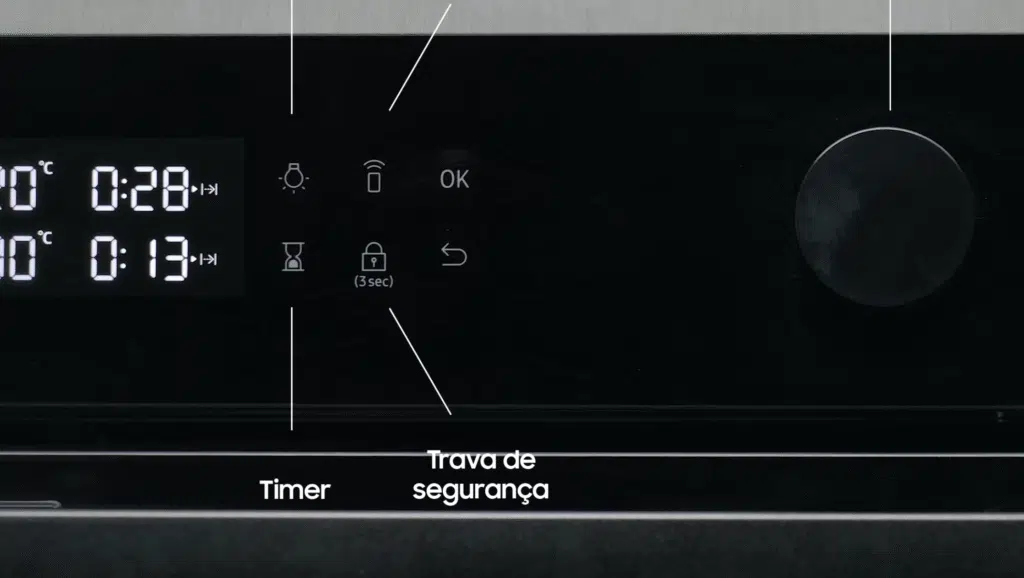Veja as vantagens do forno inteligente elétrico duplo de embutir samsung (nv7b4545sak) O samsung nv7b4545sak conta com um timer integrado