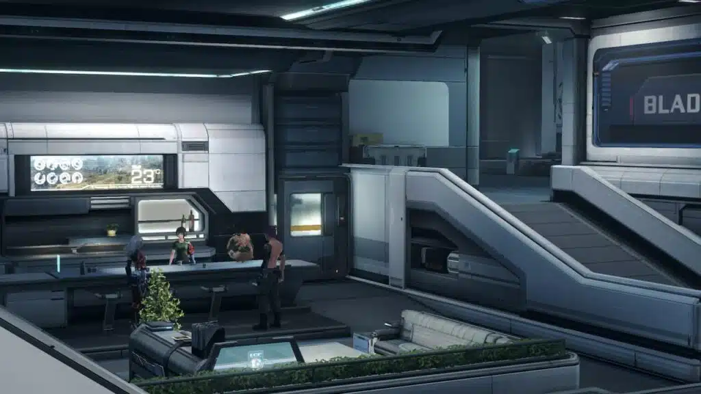 אזור המתנה עתידני עם דלפק שירות וטכנולוגיה מתקדמת בסביבת משחקי וידאו.