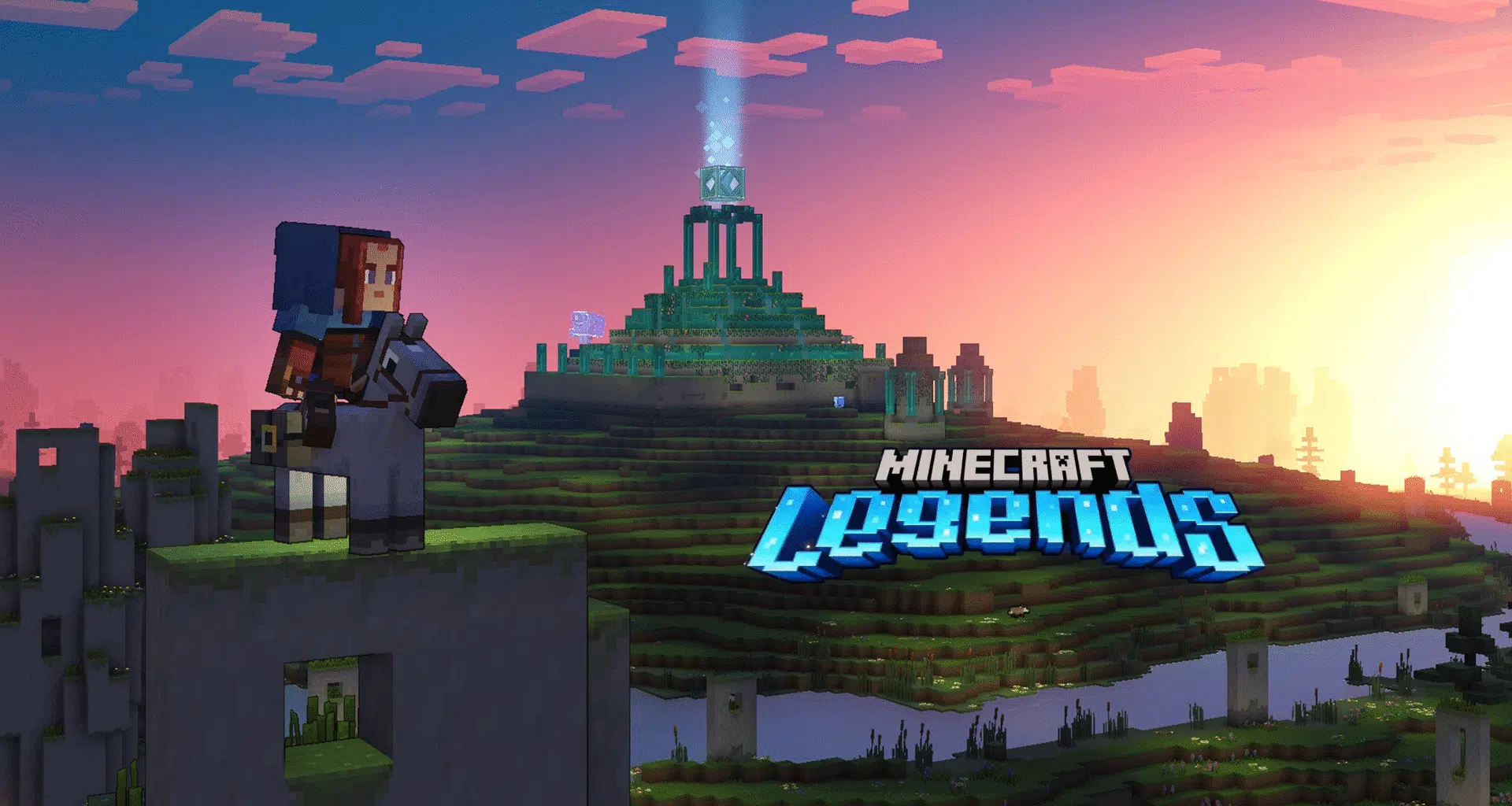 1. Mundo minecraft legends com cenário de pixel art e personagem em frente a uma estrutura no topo de uma colina.