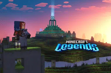 1. Mundo minecraft legends com cenário de pixel art e personagem em frente a uma estrutura no topo de uma colina.