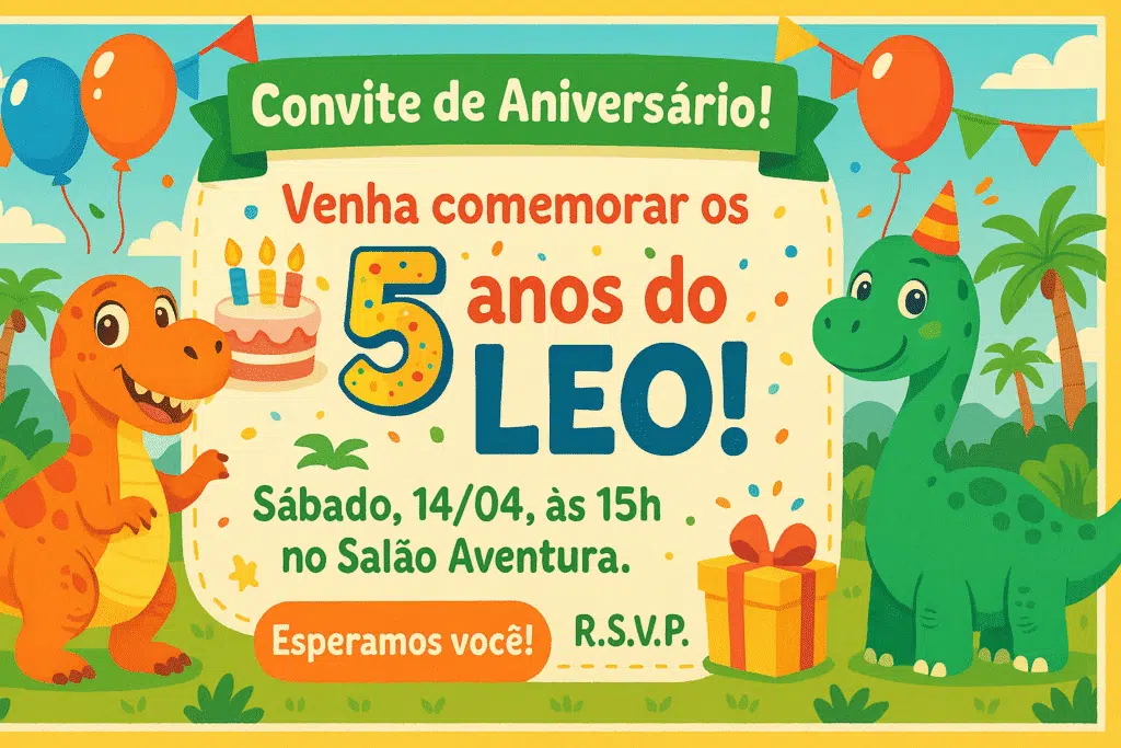 Como editar imagens com o chatgpt (com dicas de prompts) Convite de aniversário infantil para meu filho de 5 anos. Tema de dinossauros. Texto: "venha comemorar os 5 anos do leo! Sábado, 14/04, às 15h no salão aventura. Esperamos você! ". Use cores vibrantes e um estilo de desenho animado amigável.