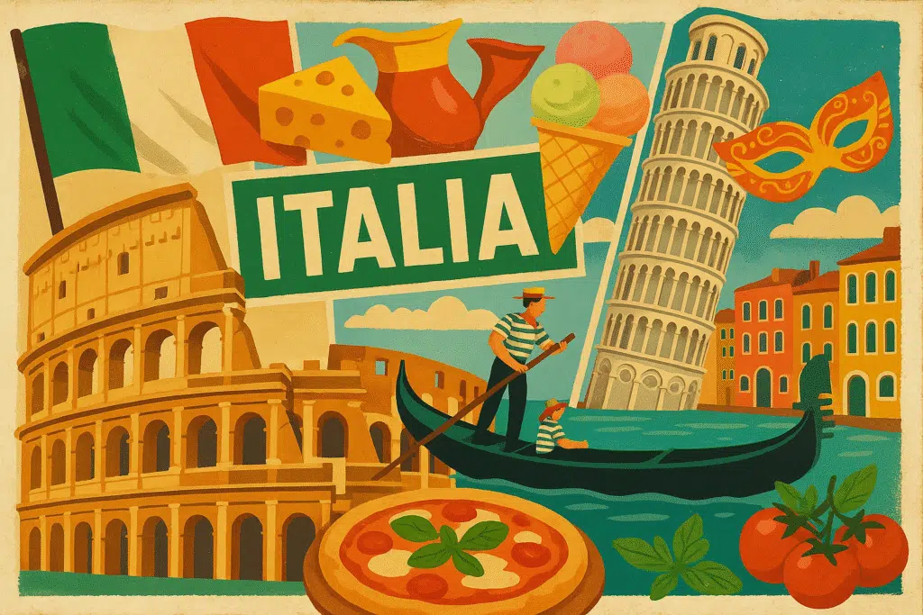 Como editar imagens com o chatgpt (com dicas de prompts) Uma colagem com as melhores fotos da minha viagem à itália. Inclua o coliseu, uma gôndola em veneza, uma pizza e uma foto minha sorrindo. Quero um layout dinâmico, como um mural de fotos.