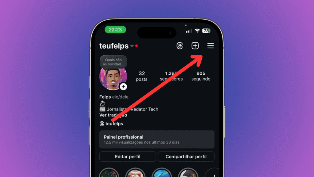 Meta anuncia novas restrições para contas de adolescente no instagram e facebook Perfil no instagram e indicando configurações no canto superior direito.