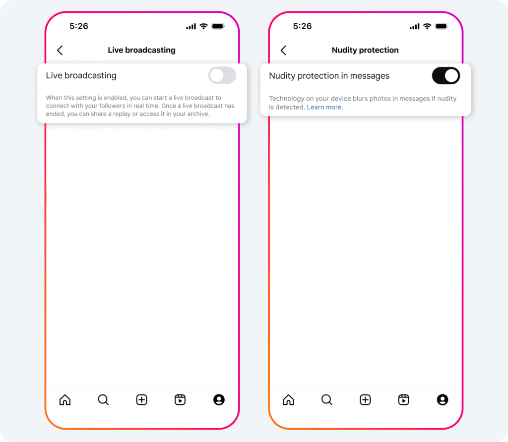 Meta anuncia novas restrições para contas de adolescente no instagram e facebook Mockup da opção para restringir lives em perfis do instagram de menores de 16 anos