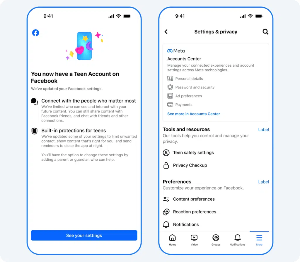 Meta anuncia novas restrições para contas de adolescente no instagram e facebook Mockup com tela do facebook com contas de adolescente