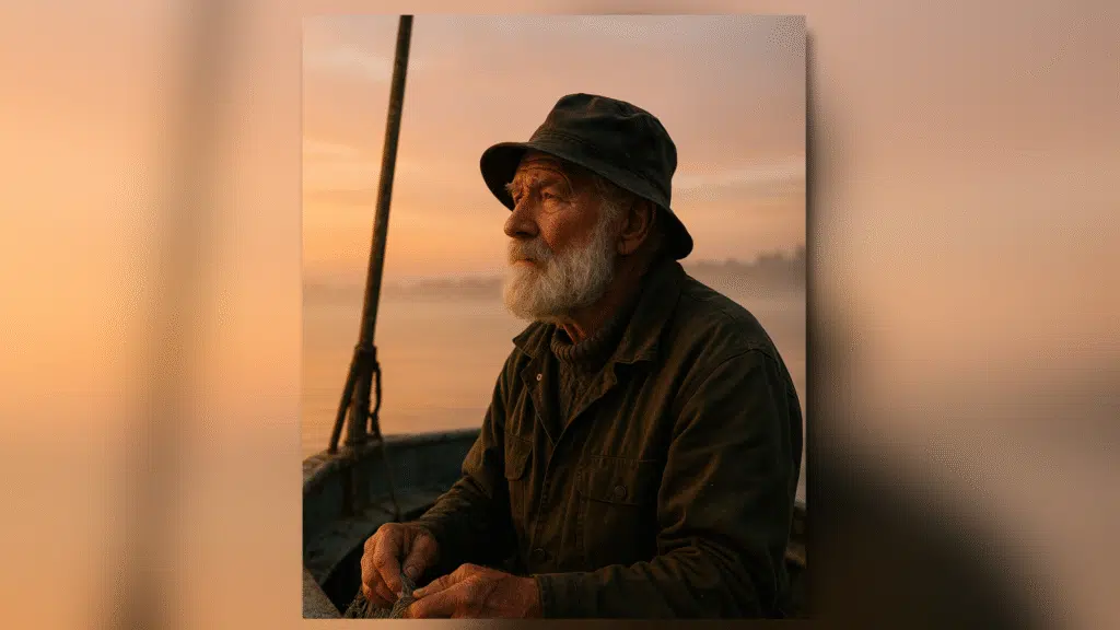 Como editar imagens com o chatgpt (com dicas de prompts) Fotografia hiper-realista de um pescador idoso de barba branca, rosto marcado pelo sol, olhando para o horizonte em um barco de pesca ao amanhecer. A névoa da manhã paira sobre a água calma e o céu tem tons alaranjados e rosados. Detalhes nas mãos segurando a rede de pesca.