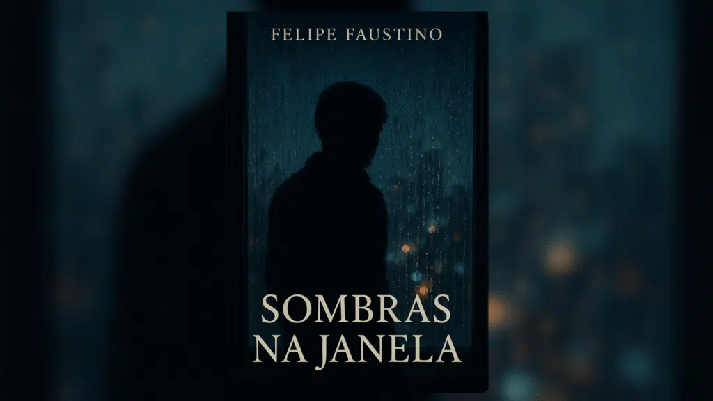 Como editar imagens com o chatgpt (com dicas de prompts) Capa para um ebook de suspense psicológico. Uma silhueta escura de uma pessoa olhando pela janela de um apartamento em uma noite chuvosa. As gotas de chuva na vidraça distorcem as luzes da cidade lá fora. O título 'sombras na janela' deve aparecer na parte inferior em uma fonte serifada discreta e branca. Atmosfera de mistério e isolamento.