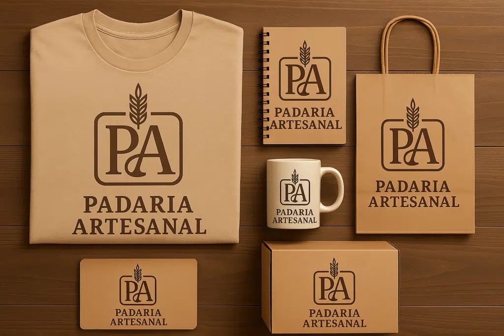 Como editar imagens com o chatgpt (com dicas de prompts) Mockup realista, aplicando-a nos seguintes produtos: uma camisa, um caderno, uma caneca, uma sacola de compras de papelão, uma caixinha de produto