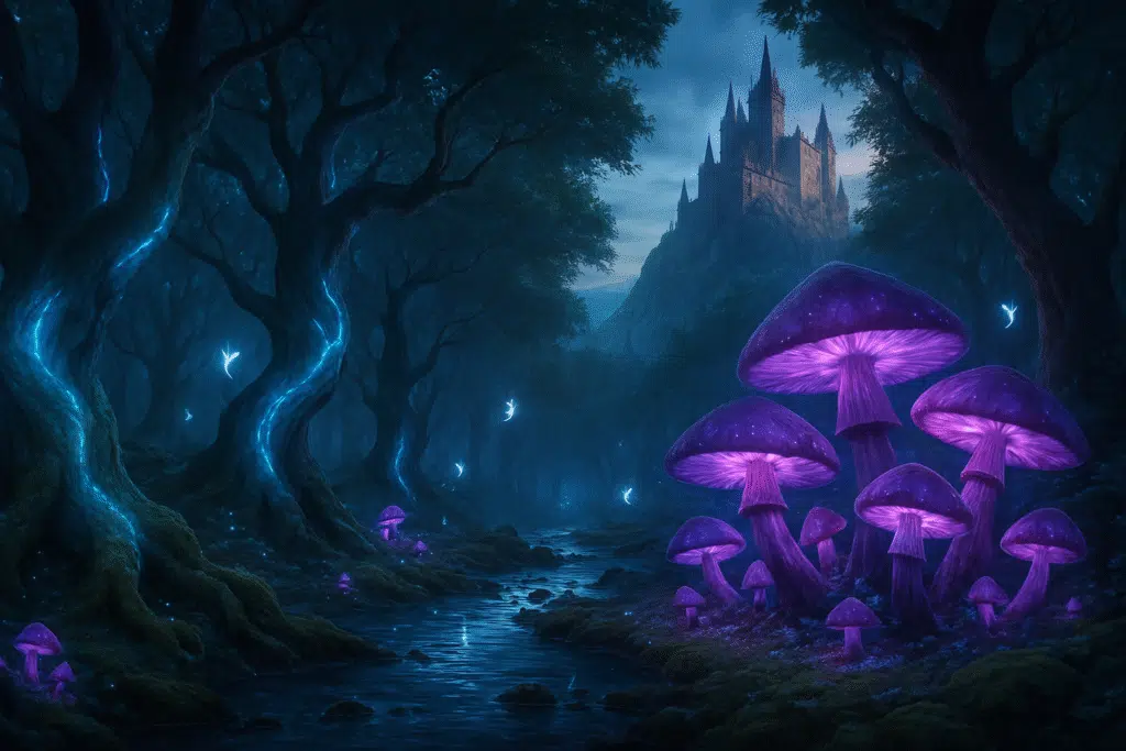 Como editar imagens com o chatgpt (com dicas de prompts) Uma floresta encantada apresentando árvores com troncos torcidos que emitem uma luz azul suave, cogumelos gigantes que pulsam com luz roxa, pequenos espíritos da floresta flutuando e um riacho cristalino que reflete o brilho mágico. Ao fundo, um grande castelo no topo de uma enorme montanha.