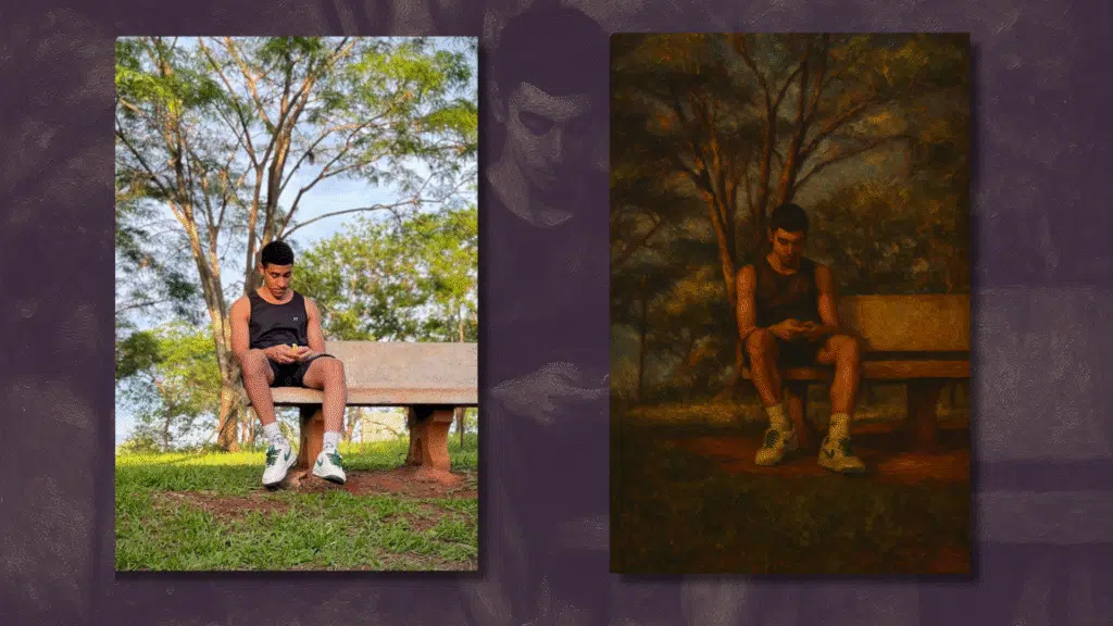 Como editar imagens com o chatgpt (com dicas de prompts) Foto em estilo de pintura a óleo clássica, com pinceladas bem marcadas, textura visível (impasto) e cores ricas e profundas. Mantenha a composição original, mas dê um ar mais dramático à iluminação.