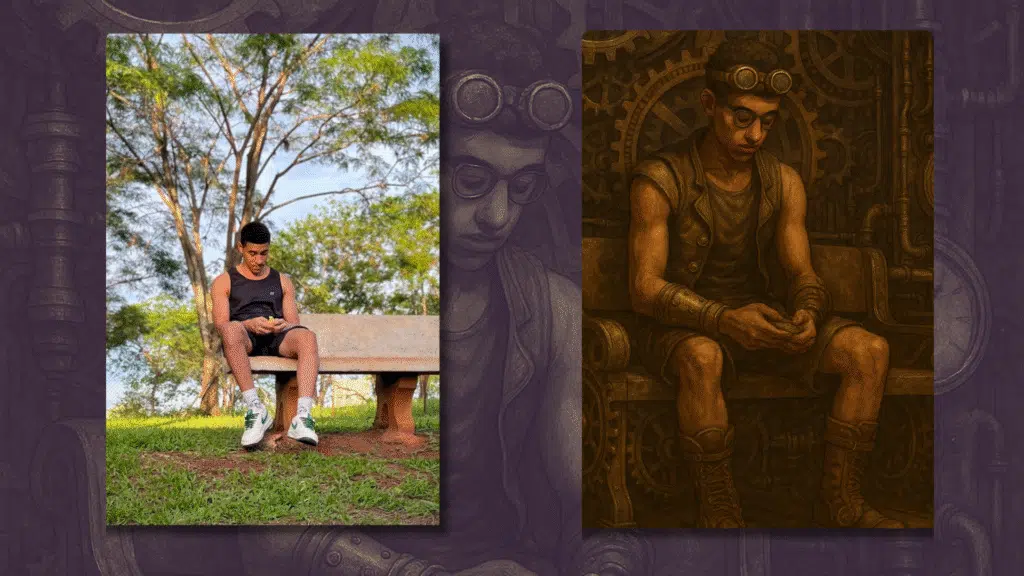 Como editar imagens com o chatgpt (com dicas de prompts) Foto com uma estética steampunk. Use tons de bronze e sépia e coloque um fundo que lembre o interior de uma máquina vitoriana complexa. Adapte a pessoa na foto ao cenário pedido.