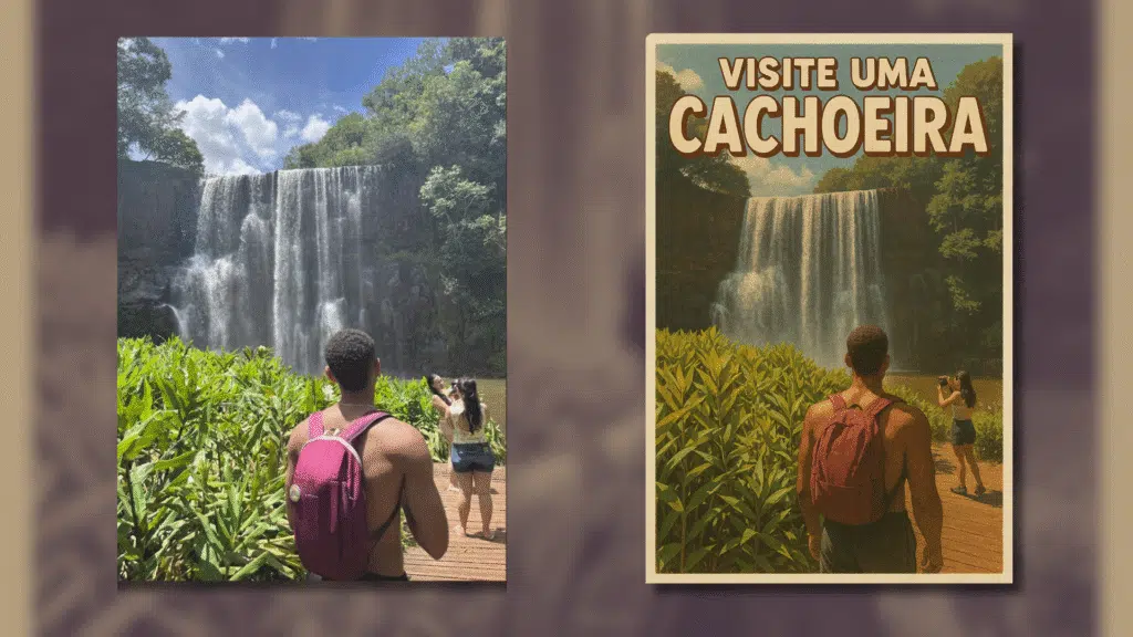 Como editar imagens com o chatgpt (com dicas de prompts) Foto minha em um pôster de turismo vintage dos anos 60. Use cores um pouco dessaturadas, adicione uma textura de papel levemente granulado, e inclua a frase 'visite uma cachoeira' em uma fonte retrô divertida na parte superior.