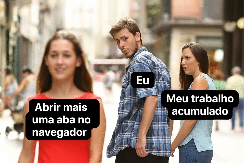 Como editar imagens com o chatgpt (com dicas de prompts) Um meme com o formato "distracted boyfriend". O rapaz (etiqueta: 'eu'), a namorada (etiqueta: 'meu trabalho acumulado') e a pessoa que passa (etiqueta: 'abrir mais uma aba no navegador').
