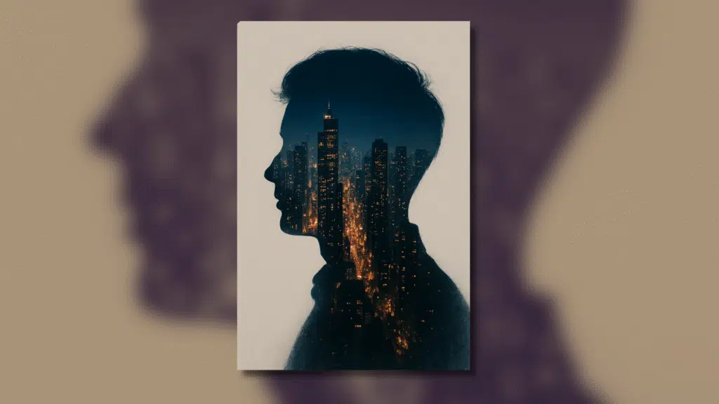 Como editar imagens com o chatgpt (com dicas de prompts) Silhueta de um rosto como base. Dentro da silhueta, misture a imagem de uma paisagem urbana noturna com muitos prédios iluminados. Quero que a transição seja suave, como se a cidade fossem pensamentos.