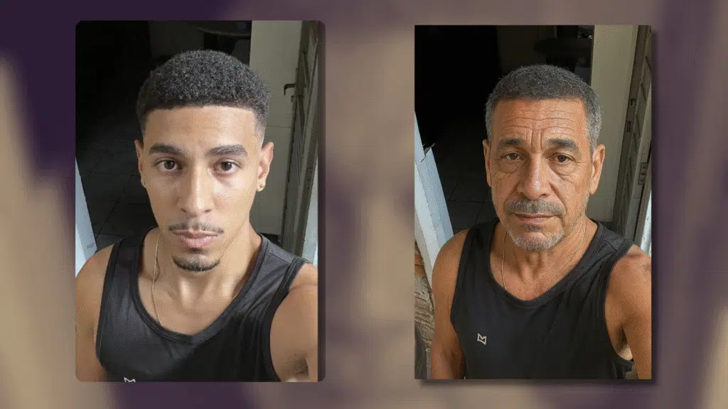 Como editar imagens com o chatgpt (com dicas de prompts) Uma versão envelhecida realista desta pessoa. Adicione rugas de expressão naturais (pés de galinha, testa), talvez um pouco de cabelo grisalho, mas mantendo a essência do rosto