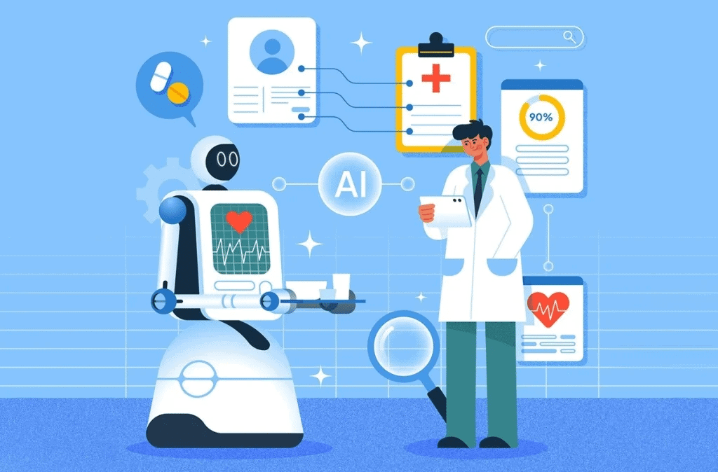 Robô conversando com um médico em um fundo com gráficos