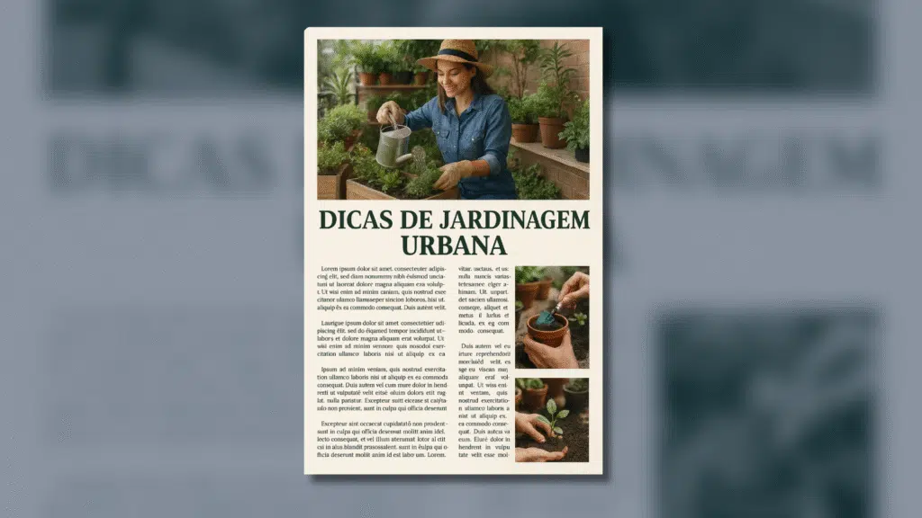 Como editar imagens com o chatgpt (com dicas de prompts) Um layout para uma página de revista sobre "dicas de jardinagem urbana". Quero uma imagem de destaque no topo, seguida por duas colunas de texto, com espaço para inserir pequenas fotos ilustrativas dentro do texto da coluna direita.