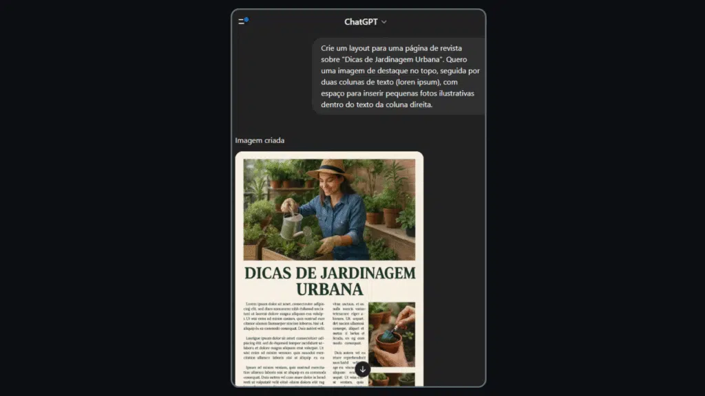 Como editar imagens com o chatgpt (com dicas de prompts) Tela chatgpt com prompt e imagem gerada por ia