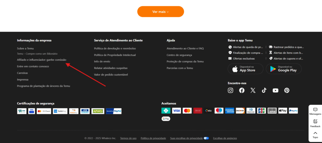 Como ganhar dinheiro vendendo produtos da temu Rodapé da página inicial da temu