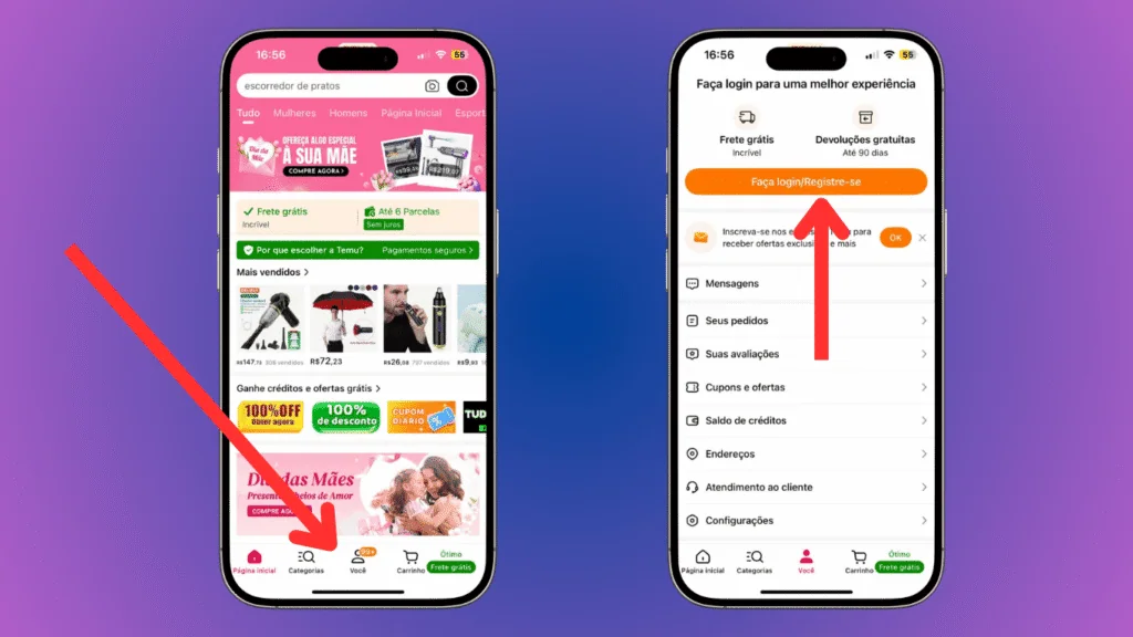 Como ganhar dinheiro vendendo produtos da temu Opção para fazer login ou criar uma conta no temu