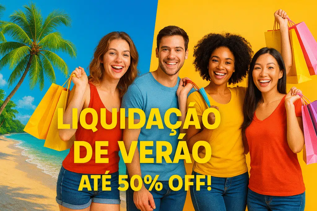 Como editar imagens com o chatgpt (com dicas de prompts) Imagem de um banner para facebook anunciando uma liquidação de verão. Imagem dividida: de um lado, uma praia tropical com coqueiros e mar azul; do outro, pessoas sorridentes com sacolas de compras. Texto 'liquidação de verão - até 50% off! ' sobreposto em fonte chamativa. Cores vibrantes