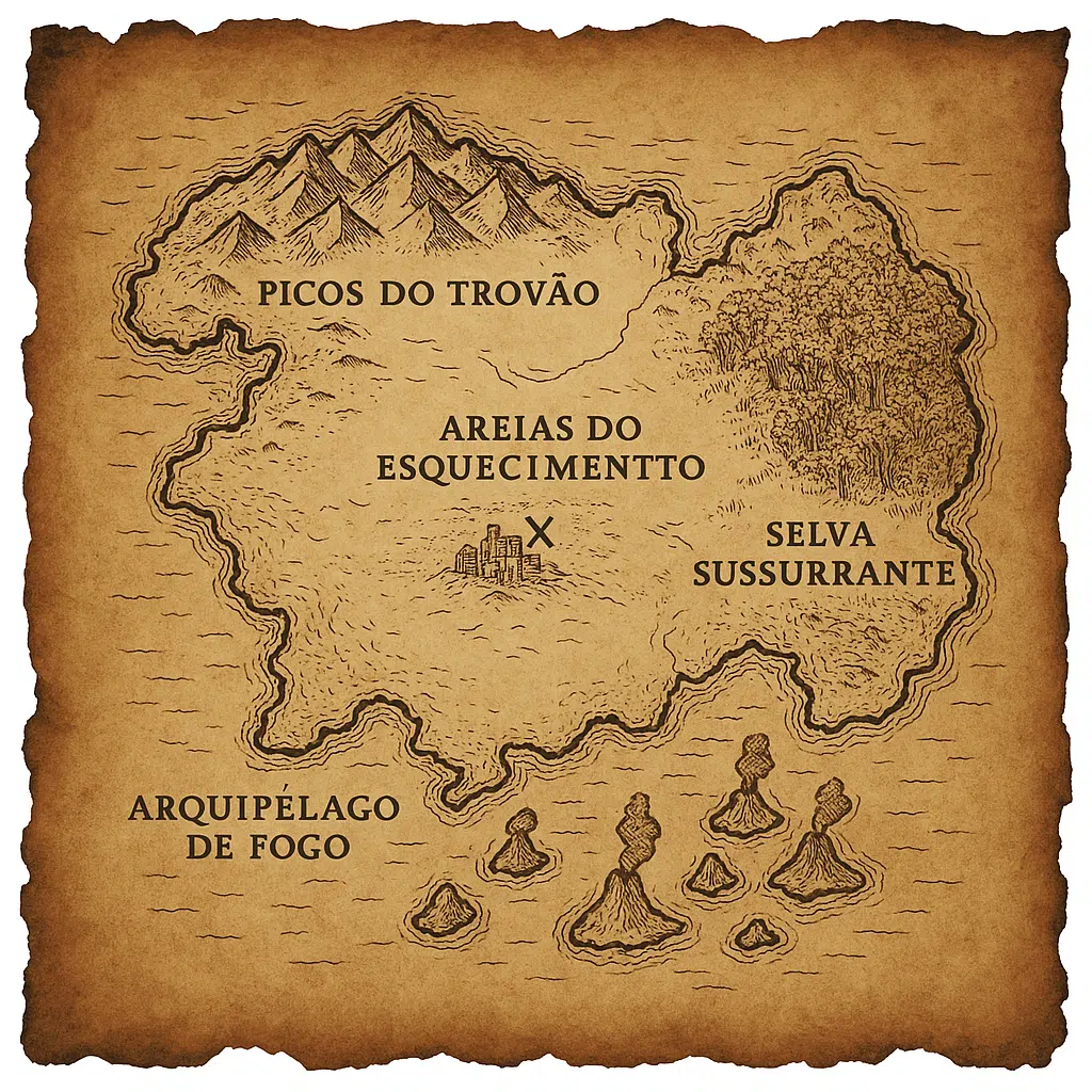 Como editar imagens com o chatgpt (com dicas de prompts) Mapa de um continente perdido para um rpg, estilo pergaminho antigo e rasgado nas bordas. Incluir montanhas ao norte ('picos do trovão'), um deserto vasto no centro ('areias do esquecimento'), uma selva densa a leste ('selva sussurrante') e várias ilhas vulcânicas ao sul ('arquipélago de fogo'). Marcar a localização de uma cidade em ruínas no deserto com um 'x'.