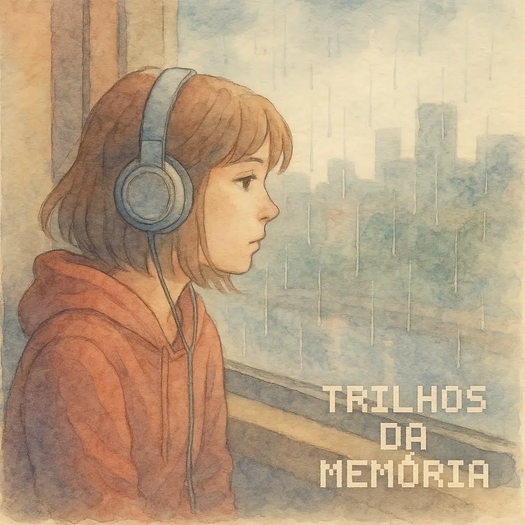 Como editar imagens com o chatgpt (com dicas de prompts) Uma capa de álbum para música eletrônica lo-fi: ilustração em aquarela de uma garota com fones de ouvido olhando pela janela de um trem em um dia chuvoso. Paisagem urbana desfocada lá fora. Cores pastéis e atmosfera nostálgica. Título do álbum 'trilhos da memória' em pixel art sutil no canto.