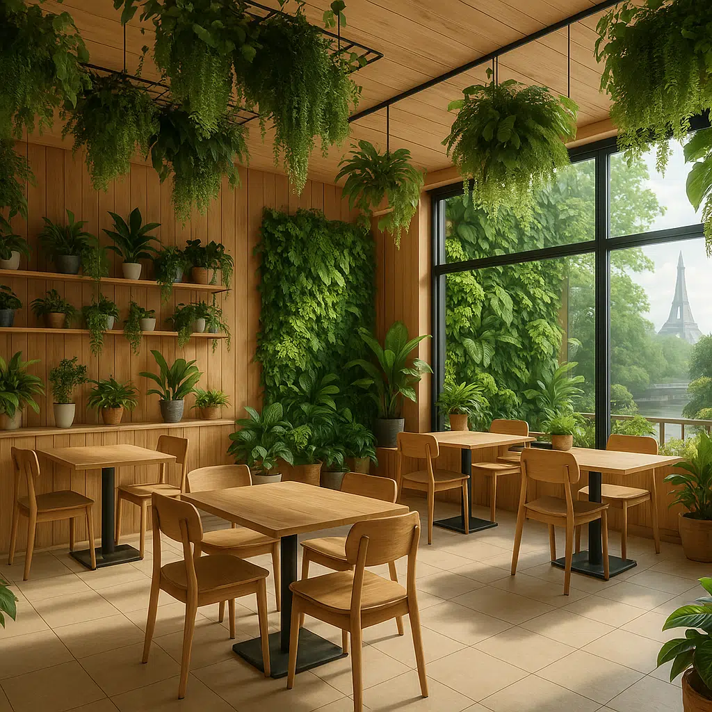 Como editar imagens com o chatgpt (com dicas de prompts) Um café 'biophilic design'. Muitas plantas penduradas no teto e em prateleiras, paredes com painéis de madeira clara, mesas de madeira natural, grandes janelas que deixam entrar luz natural, e um jardim vertical em uma das paredes. Ambiente calmo e integrado à natureza.