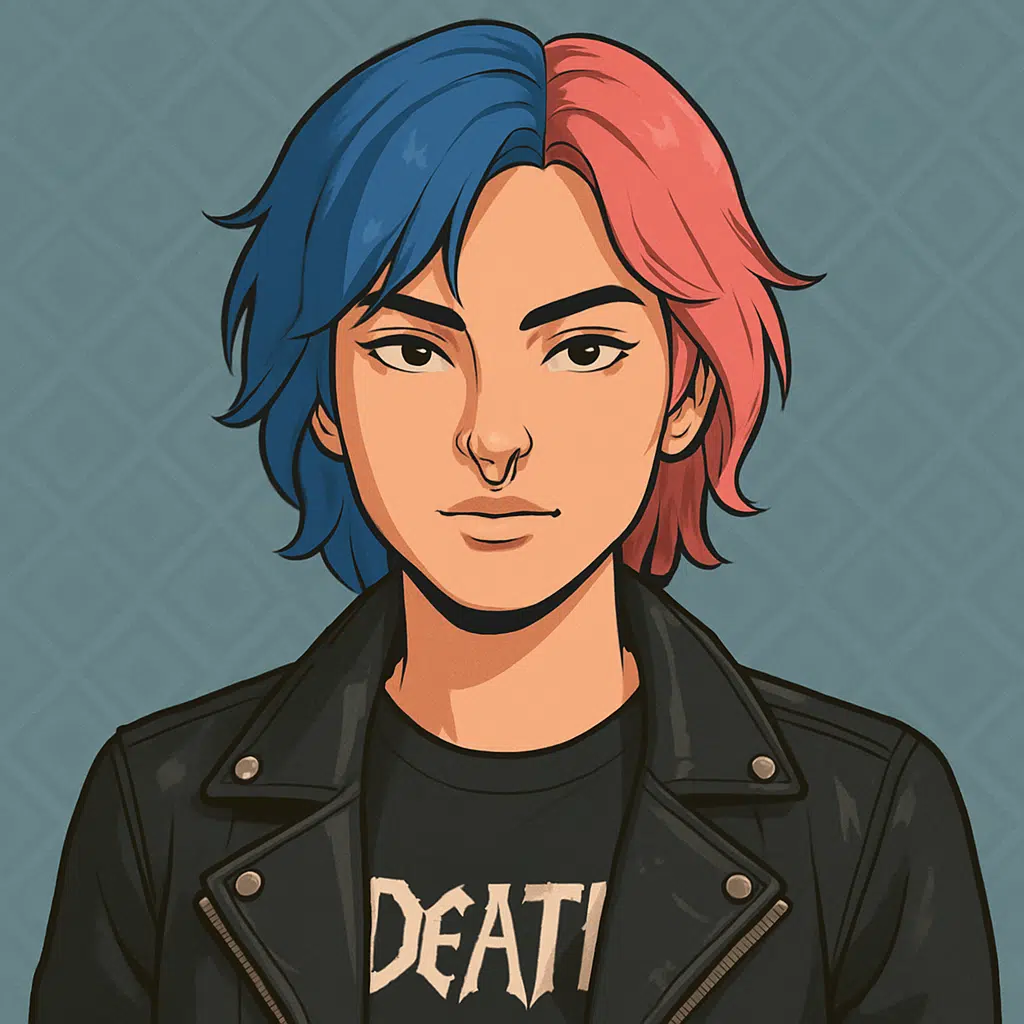 Como editar imagens com o chatgpt (com dicas de prompts) Crie um avatar para redes sociais: busto de uma pessoa de cabelo colorido (metade azul, metade rosa), piercing no septo, usando uma jaqueta de couro preta sobre uma camiseta de banda. Fundo com um padrão geométrico sutil. Expressão confiante.