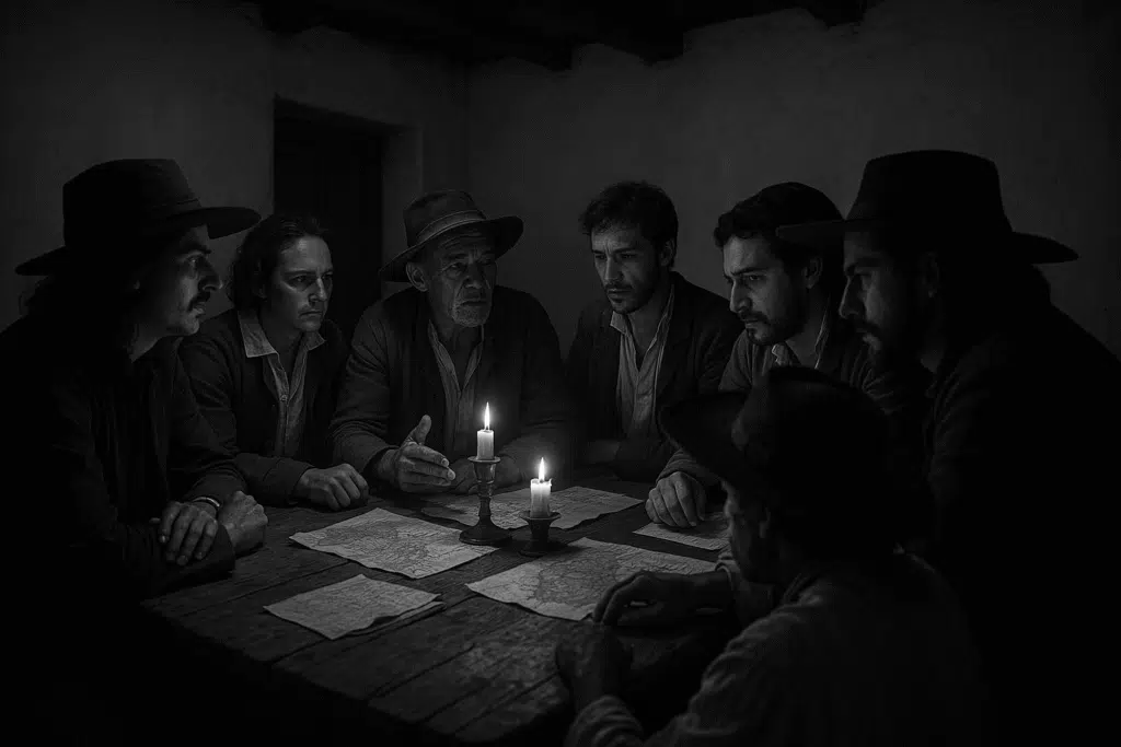 Como editar imagens com o chatgpt (com dicas de prompts) Fotografia hiperrealista, preto e branco, imaginando uma reunião secreta de inconfidentes em vila rica, final do século xviii. Cena noturna, iluminada dramaticamente por velas, criando sombras profundas nos rostos tensos e sussurrantes dos participantes ao redor de uma mesa rústica com mapas e papéis. Detalhes nas roupas da época, na arquitetura colonial simples do interior da sala. Atmosfera de conspiração, perigo e idealismo. Grão de filme sutil, alto contraste