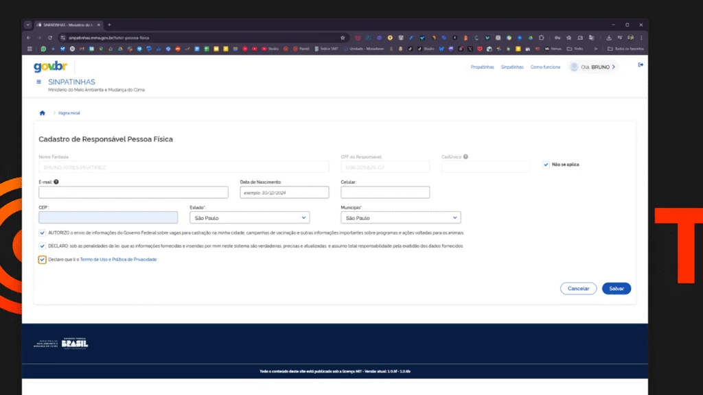 How to make an animal ID on Sinpatinhas Personal data registration screen