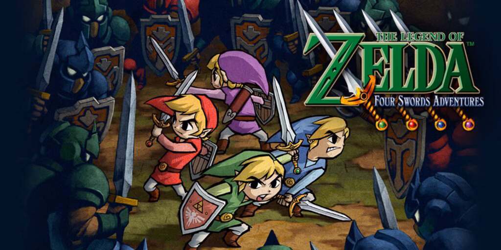 Zelda four swords adventures, personagem de game clássico, em estilo cartoon, com heróis prontos para batalha.